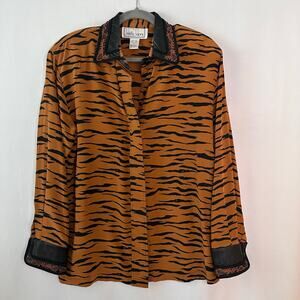 Vintage Erez Levy Silk Blouse Tiger Stripes Leather Trim Beaded Animal Print M
